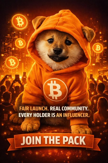 A Shiba Inu wearing an orange Bitcoin-logo hoodie sits front and center against a fiery cityscape backdrop, with floating Bitcoin symbols and a cheering crowd surrounding it. The text reads "FAIR LAUNCH. REAL COMMUNITY. EVERY HOLDER IS AN INFLUENCER." and "JOIN THE PACK," visually reinforcing the post's rallying cry for the $DOG token community to grow toward 200K holders.