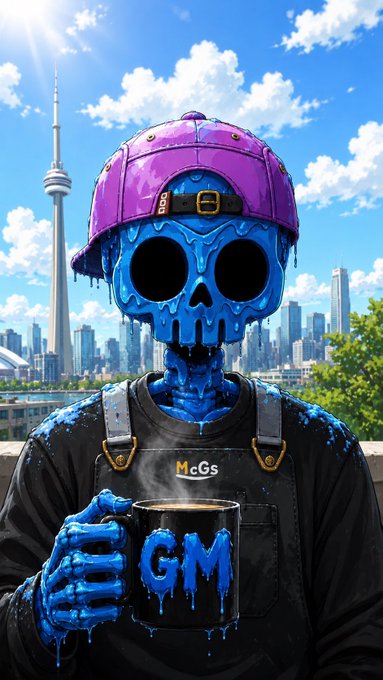 AI-generated artwork of a blue melting skull character wearing a purple cap and black 'McGs' overalls, holding a 'GM' mug with the Toronto skyline (CN Tower) in the background.