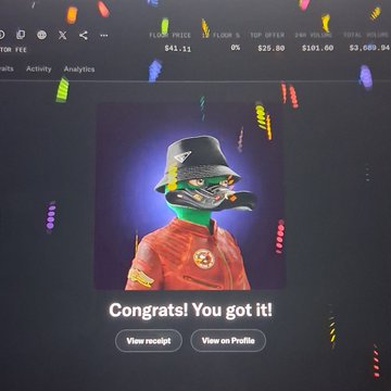 Confetti falls around a digital NFT receipt screen showing a purchased NFT of a cartoonish character wearing a bucket hat and sunglasses with the text 'Congrats! You got it!' and buttons to 'View receipt' and 'View on Profile'.