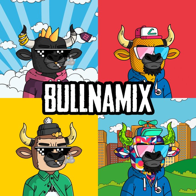 The image features four cartoon bulls with horns, each wearing a different colored shirt and hat. The bulls are standing against a backdrop of buildings, suggesting an urban setting. In the background, there's text that reads "Bullnamix", which is likely related to the digital art or animation style of the bulls. The post also mentions that the bulls have NFTs, indicating that they might be part of a digital art collection or merchandise.