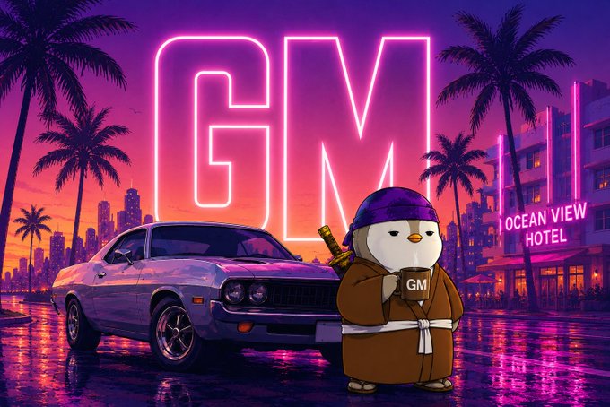 A stylized digital artwork featuring neon 'GM' text, a penguin mascot in a robe holding a 'GM' cup, a retro car, and a building labeled 'OCEAN VIEW HOTEL' against a purple sunset cityscape.