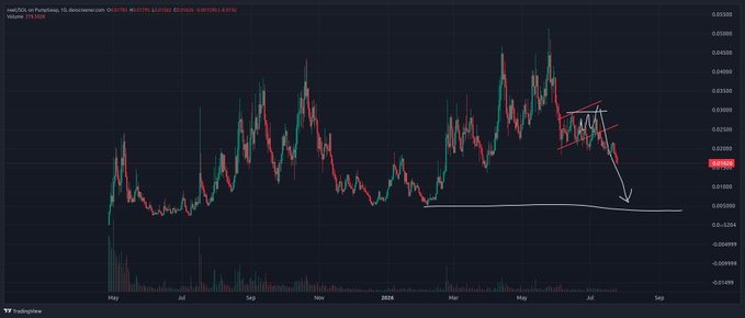 The image shows a daily TradingView candlestick chart of the NEET/USDT pair, displaying a series of price swings between approximately 0.0230 and 0.0480 from May 2024 to August 2024, with technical analysis drawn on the right side including a descending channel pattern, a horizontal support line near 0.0228-0.0240, and arrows suggesting a projected bearish breakdown.