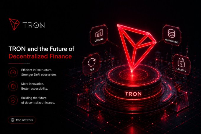 A promotional graphic for TRON cryptocurrency, with text 'TRON and the Future of Decentralized Finance,' featuring the red TRON logo and icons for Lending, Yield Farming, DEX, and Liquidity.