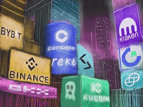 An illustrated graphic featuring various cryptocurrency exchange logos including BYBT, Coinbase, Kraken, Binance, OKX, and Kucoin displayed on colorful block-like structures.