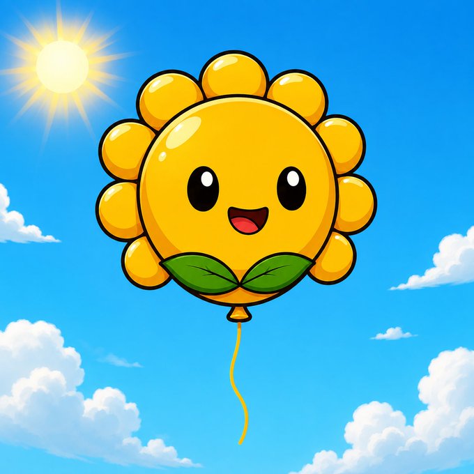A cheerful cartoon illustration features a yellow sunflower-shaped balloon with a smiling face floating in a blue sky with white clouds and a shining sun.
