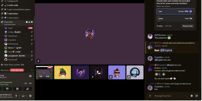 A Twitch stream interface shows a Kizzy Fam community call titled "exodus," with an avatar idle on a blank stream screen, while the chat on the right discusses distribution of @ChogNFT, Monad alphas, and Perpl farms—reflecting the agenda topics listed in the accompanying post.