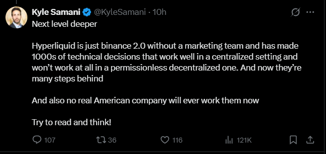 The focus of the image is a screenshot of a Twitter post written by a man, which contains text that reads "Next level deeper" and "@KyleSamani". The post references an article about Kyle leaving Multicoin for reasons related to investing in Hype Liquidity. In the image, there are no visible texts or images, so the focus is on the Twitter post itself.