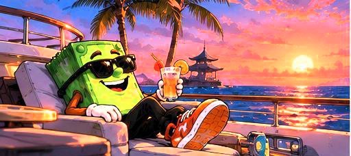 A green boxy figure wearing a black oversized hat and sunglasses relaxes in a chair on a yacht, sipping a tropical cocktail against a sunset ocean backdrop.
