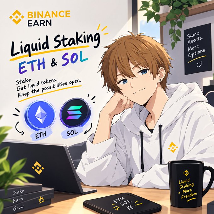 An anime-style Binance Earn promotional image showing a person in a white hoodie at a desk, featuring 'Liquid Staking ETH & SOL' with the text 'Stake. Get liquid tokens. Keep the possibilities open.' and 'Same Assets. More Options.'
