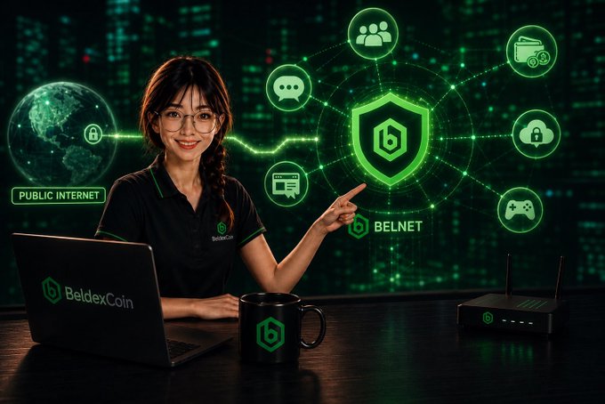 A promotional image featuring a smiling woman pointing to a green shield labeled 'BELNET', surrounded by internet and security icons, with 'BeldexCoin' branding visible on her laptop, mug, and a nearby router.