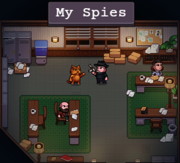 A pixel art game screenshot showing a top-down view of an office labeled 'My Spies', featuring characters including a dog and a man in a suit, with papers scattered on desks.