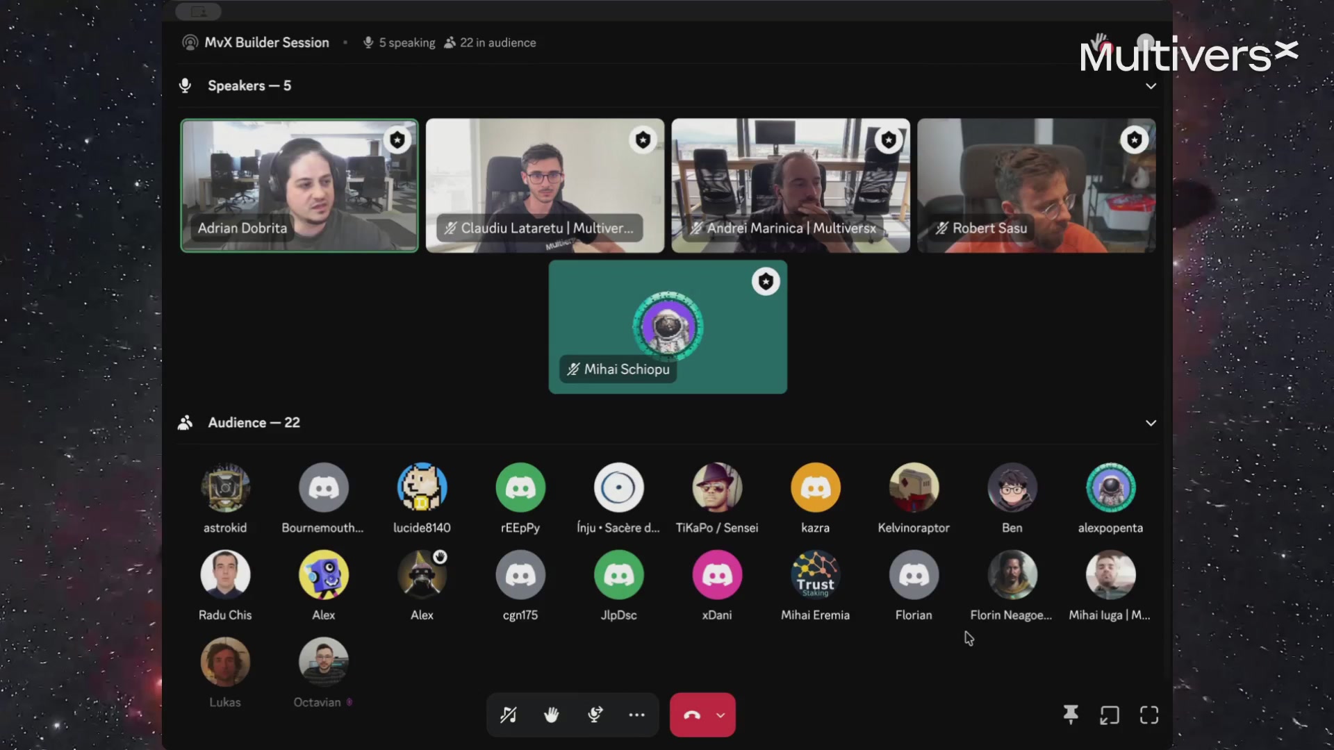 The image shows a computer screen displaying a video conference call with multiple people participating, including a man wearing a green shirt and another person wearing an orange shirt. There are also several other people visible in the background of the call. The focus on this image is on the MultiversX Builder Session post that appears to be related to the ongoing video conference call.