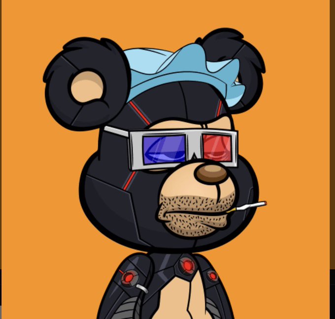 A cartoon illustration of a bear character wearing a blue cap, 3D glasses with red and blue lenses, and dark armor with red accents against an orange background.