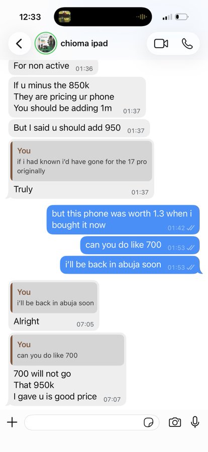 A screenshot of a WhatsApp conversation titled "chioma ipad" shows a negotiation over the price of a phone, with the seller initially offering 950k and the buyer countering with 700k, while referencing that the phone was originally worth 1.3 million—highlighting the difficult and potentially deceptive nature of swapping deals.
