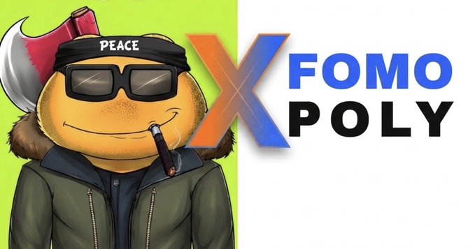 A cartoon avocado character wearing sunglasses and a “PEACE” headband appears beside a large “X” and the text “FOMO POLY.”