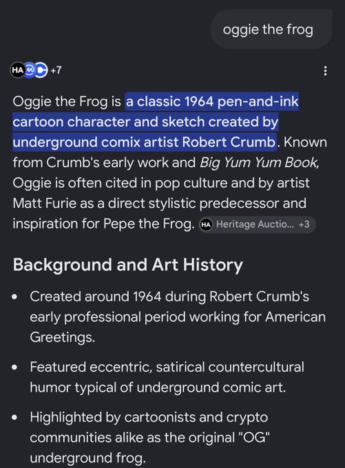 A dark-themed search result about "Oggie the Frog" highlights his origin as a 1964 pen-and-ink cartoon character created by underground comix artist Robert Crumb, cited as a stylistic predecessor to Pepe the Frog. The image relates to the "$OGGIE" study post by presenting background on the character's underground comic roots and his recognition by crypto communities as the "original OG" frog.