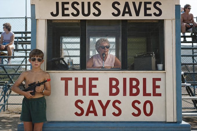 A young shirtless boy wearing sunglasses and holding a toy gun stands beside a booth displaying "JESUS SAVES" at the top and "THE BIBLE SAYS SO" in red lettering below, while an older woman with sunglasses sits inside at a microphone—capturing the satirical, Americana-meets-religious commentary style typical of Mike Wieringo–era editorial photography that the HOLY NFT collection by @wubbushi references.