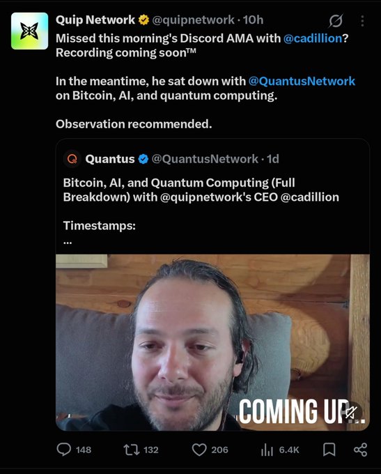 A tweet from Quip Network (@quipnetwork) references a Discord AMA with @cadillion and includes an embedded tweet from Quantus (@QuantusNetwork) about Bitcoin, AI, and Quantum Computing.