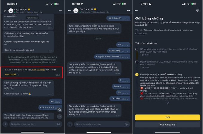 Three screenshots of a Vietnamese-language customer service chat on Telegram with "Ca_Chua_Bi", with the second panel highlighting a suspicious link with a red warning box reading "Bạn có mở khóa bảo mã hoá, lừa (sc2895) đò hoàn tiề..."