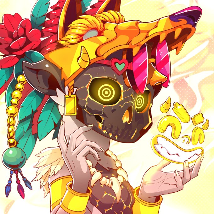 A vibrant illustration of a skeletal figure wearing a colorful Aztec-style headdress with feathers and sunglasses, holding a glowing golden mask or artifact.