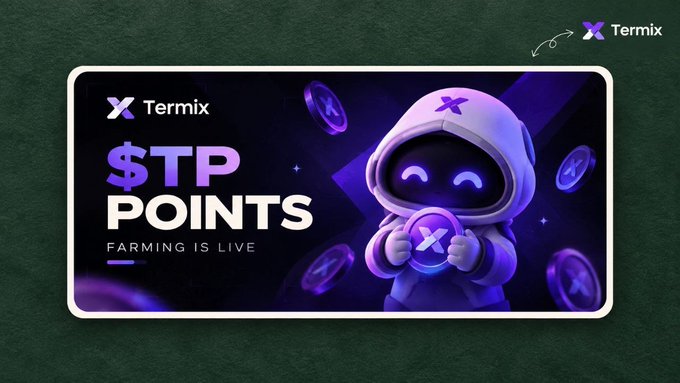 A promotional banner for 'Termix' announcing '$TP POINTS - FARMING IS LIVE', featuring a purple-hooded robot mascot holding a coin with the Termix logo.