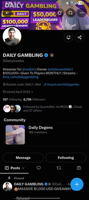 A Twitter/X profile page for @DailyGamba 'DAILY GAMBLING' showing the streamer Roobet giving away $100,000+ monthly with 107 following and 8,796 followers.