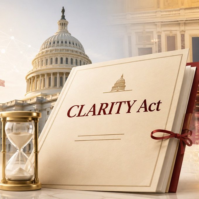 A promotional graphic featuring a book titled "CLARITY Act" tied with a red ribbon, placed in front of the U.S. Capitol building and next to a golden hourglass.