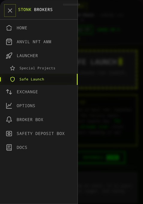 A mobile app menu for 'STONK BROKERS' displays navigation options including Home, ANVIL NFT AMM, Launcher, Safe Launch, Exchange, Options, Broker Box, Safety Deposit Box, and Docs.