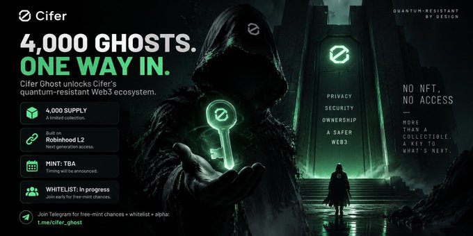 A dark, futuristic Cifer Ghost promotional graphic featuring a hooded figure holding a glowing key. Text includes “4,000 GHOSTS. ONE WAY IN.,” “quantum-resistant Web3 ecosystem,” “4,000 SUPPLY,” “Robinhood L2,” “MINT: TBA,” “WHITELIST: In progress,” and “NO NFT, NO ACCESS.”
