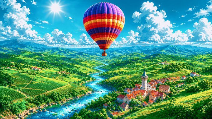 A vibrant landscape illustration featuring a colorful rainbow hot air balloon floating over green rolling hills, a winding blue river, and a small village with red-roofed buildings under a bright blue sky.