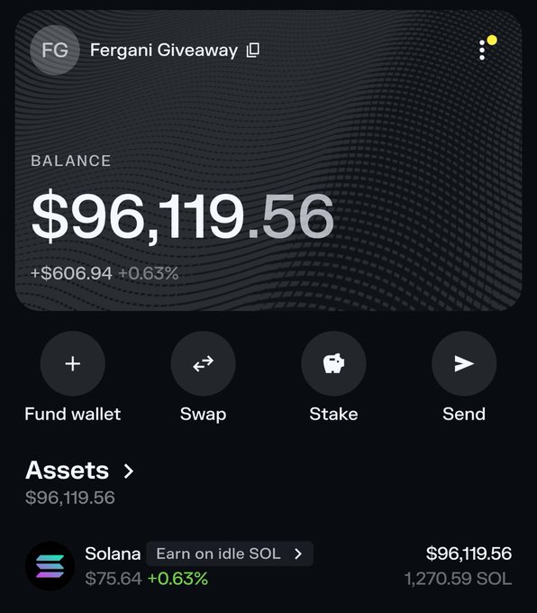 A crypto wallet screenshot labeled "Fergani Giveaway" displays a balance of $96,119.56 (+0.63%), held entirely in 1,270.59 SOL ($96,119.56). The image appears to be a promotional visual for a giveaway where the account holder claims to be sending Solana airdrops to followers who comment their wallet addresses.