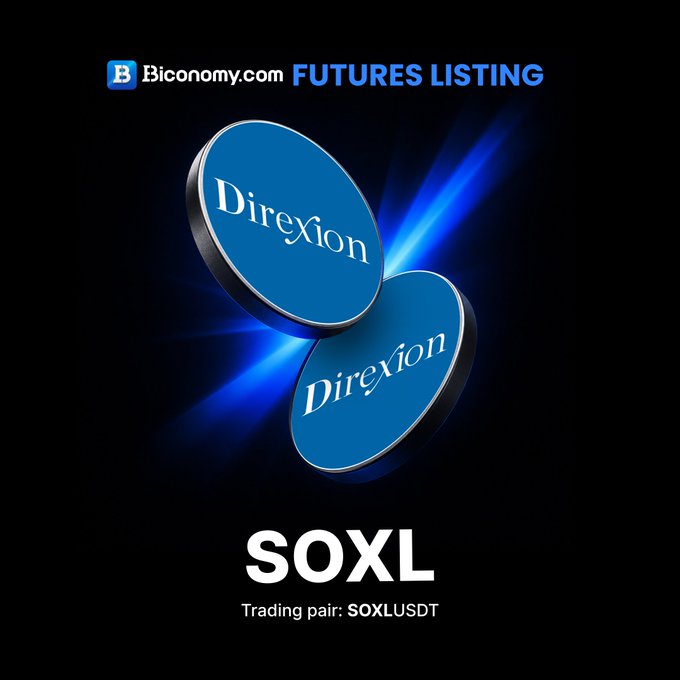 Promotional graphic by Biconomy.com announcing the futures listing of the Direxion Daily Semiconductor Bull 3X Shares (SOXL), featuring the pairing token SOXL/USDT. The image's blue "Direxion" coin visual and bold SOXL ticker text support the post's announcement of the new perpetual contract listing.