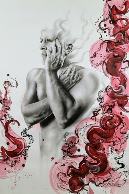 A surreal artwork combining a classical white sculptural figure in a contemplative pose with flowing red and black ink-like swirls against a white background.