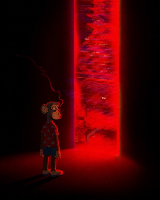 A digital artwork showing a Bored Ape-style character standing in darkness, facing a glowing red vertical portal or screen with glitch effects and the words 'STILL' and 'HERE' visible.