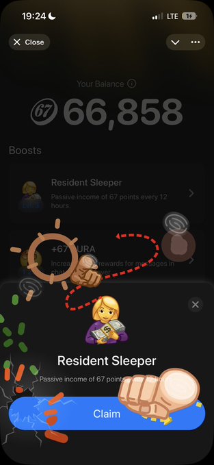 A screenshot of a mobile app showing a balance of 66,858 points with a "Resident Sleeper" boost claiming screen, where a finger taps the blue "Claim" button. The image illustrates the post's message about claiming sleeper rewards, highlighting the 66k balance on day 66.