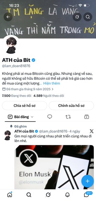 A Twitter/X profile page for 'ATH của Bit' (@lam_doan81076) featuring a post about buying Bitcoin not for profit but for its potential future value, with 7,500 likes and 4,589 retweets.