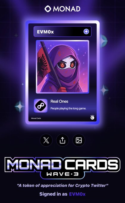 A purple-themed Monad Cards Wave 3 promotional image featuring an EVMOx card depicting a hooded character holding a flag with the Albanian eagle, captioned 'Real Ones - People playing the long game' and 'A token of appreciation for Crypto Twitter.'