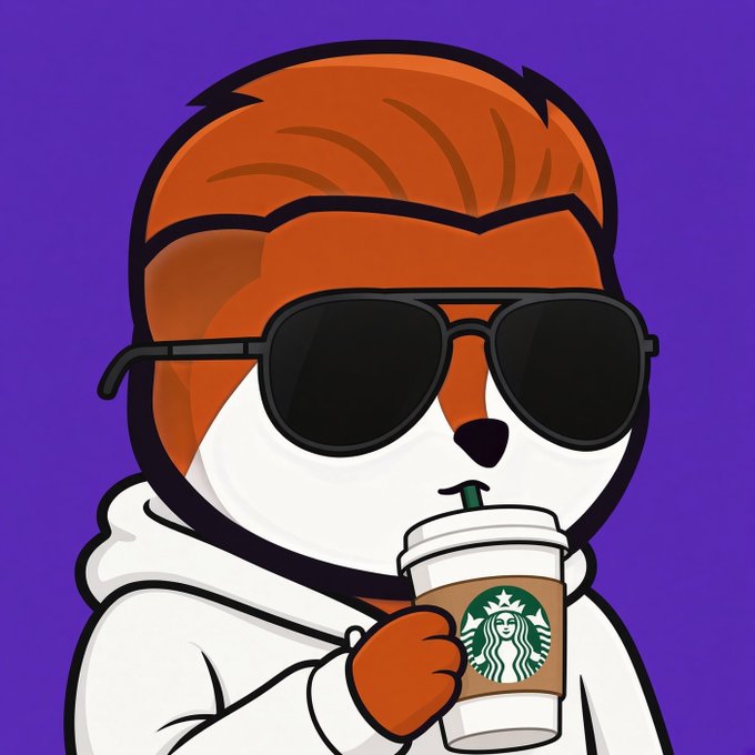 A cartoon illustration of a fox-like character with orange hair wearing black sunglasses and a white hoodie, drinking from a Starbucks coffee cup against a purple background.