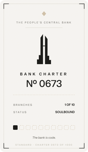 The image shows a "Bank Charter" card from "The People's Central Bank," numbered 0673, with 1 of 10 branches and a status of "Soulbound." It appears to represent an NFT being sold as part of a wallet collection, with the text "The bank is code" and "Standard - Charter 0673 of 1000" at the bottom, aligning with the post selling wallets/NFTs for $20k each.