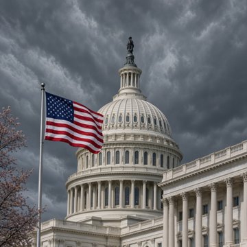 The U.S. Capitol dome stands prominently under a dramatic stormy sky, with an American flag waving in the foreground—symbolizing political uncertainty surrounding a U.S. House Representative's cancellation of the CLARITY Act vote scheduled for September 15th, likely delaying the coin clarity bill past the November midterm elections.