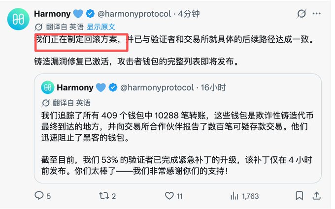 A Twitter/X post from @harmonyprotocol in Chinese discusses their recovery plan following a recent hack, mentioning tracking 10,288 transfers across 409 wallets, with the phrase "我们正在制定回滚方案" (we are formulating a rollback plan) highlighted.