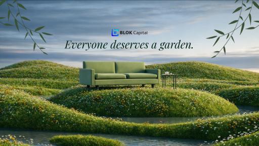 An advertisement for "BLOK Capital" showing a green couch on a lush grassy hill with the text "Everyone deserves a garden."