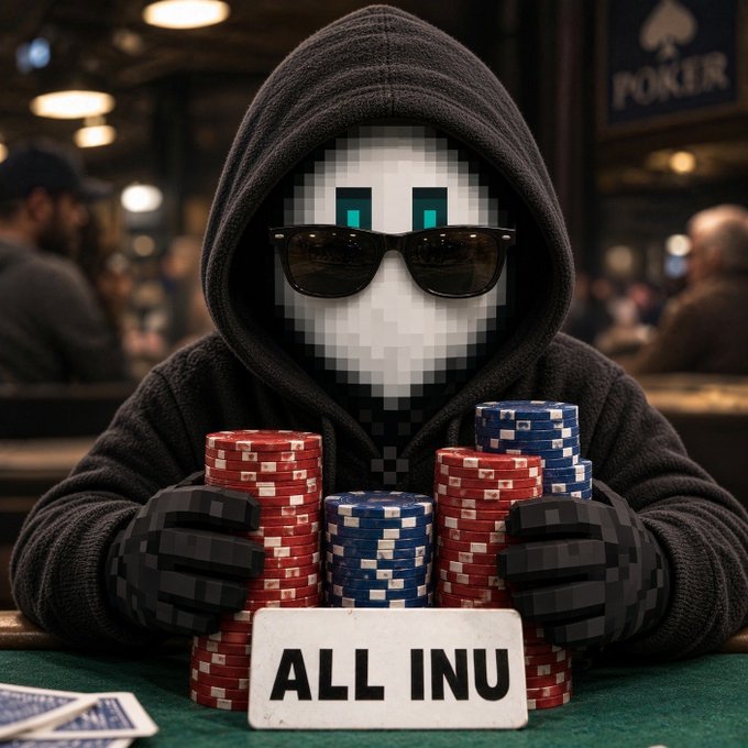 A pixel art character wearing a black hoodie and sunglasses sits at a poker table with stacks of red and blue chips, displaying a sign that reads 'ALL INU'.