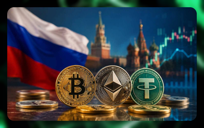 A composite image showing three physical cryptocurrency coins (Bitcoin, Ethereum, Tether) in front of a Russian flag, the Kremlin, and a stock market chart.