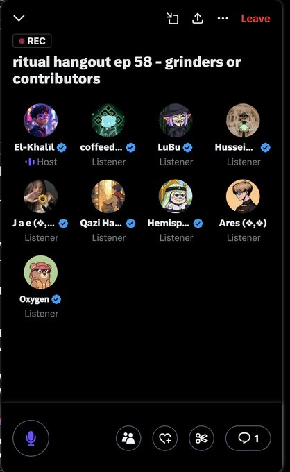 A screenshot of a Twitter Spaces audio room titled 'ritual hangout ep 58 - grinders or contributors' hosted by El-KhaliL with eight listeners including coffeed, LuBu, Hussein, Jae, Qazi Ha..., Hemisp..., Ares, and Oxygen.