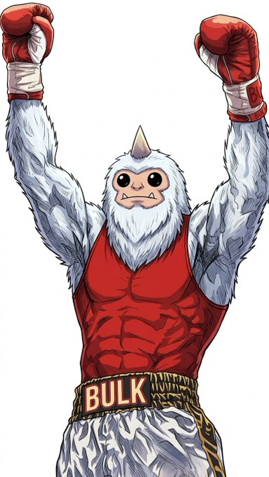 A digital illustration of a muscular, furry white yeti-like character wearing red boxing gloves, a red tank top, and leopard-print shorts with a 'BULK' branded waistband, posing with arms raised in victory.