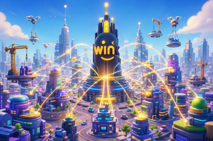 A futuristic cityscape features a central skyscraper displaying a winking smiley face and the text "win," with glowing beams of light radiating outward to surrounding buildings, drones, and construction cranes. The image visually represents how oracles distribute valuable information across a broad ecosystem, mirroring the post's point that oracles serve many functions beyond simply providing crypto price feeds.