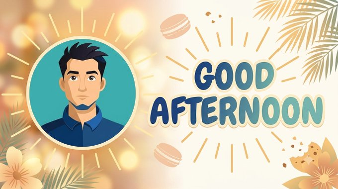 A friendly cartoon-style 'Good Afternoon' greeting graphic featuring a young man with dark hair and a beard inside a blue circle, decorated with coffee cups, flowers, and tropical leaves.