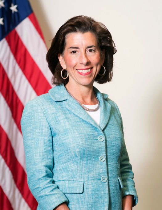 Former Commerce Secretary Gina Raimondo, smiling in a turquoise blazer beside an American flag, is featured alongside an insight warning that AI could cause tens of millions of layoffs and a deep recession without proper planning.