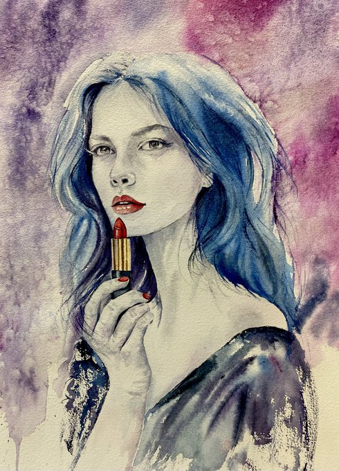 A delicate watercolor portrait of a woman with flowing blue-purple hair holding a tube of red lipstick near her lips, set against a dreamy violet and magenta background that complements the elegant feminine aesthetic. The artwork, titled "Majestic Strength," captures a quiet moment of confidence and beauty, with the bold red lips and lipstick serving as the striking focal point that ties the piece together.